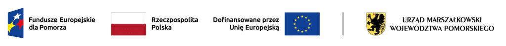 Logo Funduszy Europejskich, Polski, Unii Europejskiej oraz Urzędu Marszałkowskiego Województwa Pomorskiego wraz z napisem informującym o finansowaniu ze środków UE oraz partnerstwach z Polską.